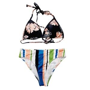 Womens String Bikini Medium Floral Striped Swimsuit Mix & Match Swim Separates